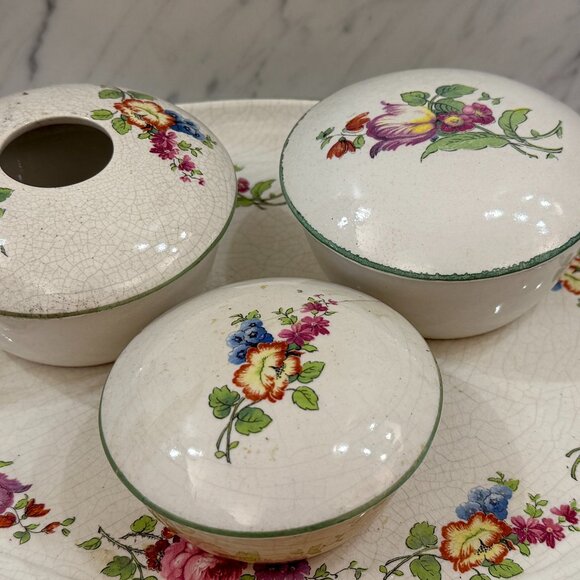 Antique English Earthenware Vanity Tray with Hair Receiver/Vanity bowl Set - Picture 13 of 17